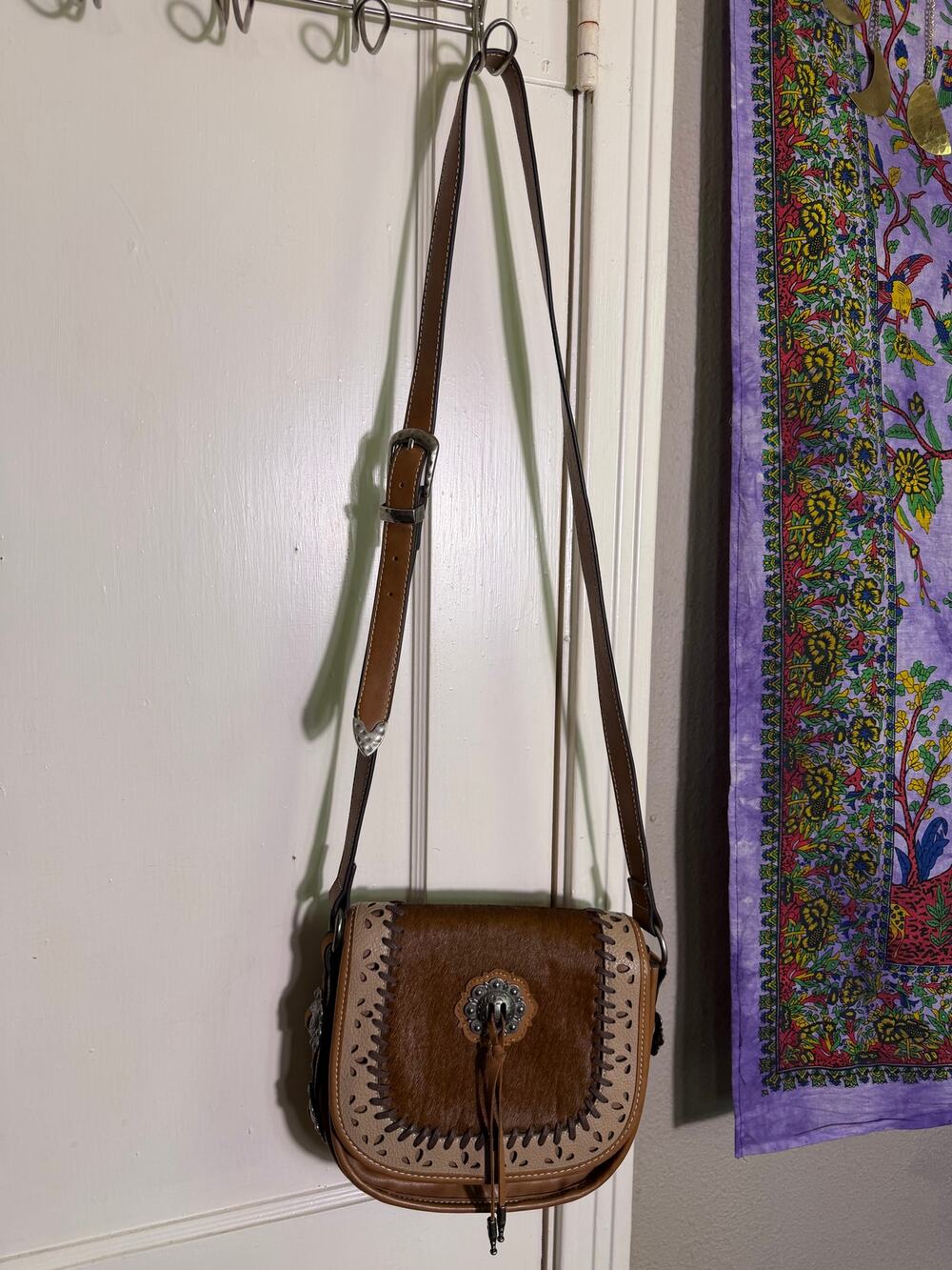 Justin Western Crossbody Purse Cowhide Look Concho Saddle Bag Brown NWT